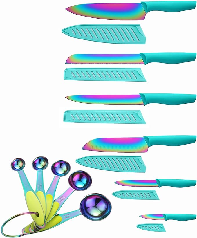 Knife Set with Spoons, KYA37B Knife Sets with Blade Guards and Measuring Spoons, Marco Almond® Rainbow Color 17-Piece Stainless Steel Kitchen Knives Set with Covers