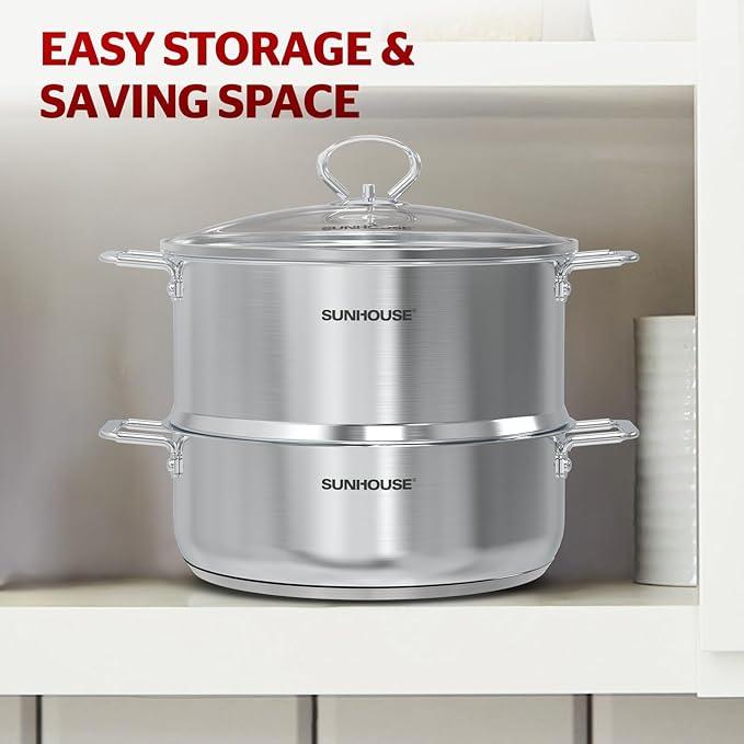 SUNHOUSE 2-Tier Stainless Steel Steamer Pot with Lid - Larger 5.5 QT Steamer & 3.8 QT Stockpot Base - Induction Ready, Compatible with All Cooktops - Multipurpose for Vegetables & Dumplings