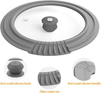 Tempered Strainer Lid for Stockpot, Pasta, Soup Pots with Heat Resistant Silicone Rim - Universal Pan Lid with Pour Spout - Microwave Safe - Fit 6.5-8 inch - Light Grey