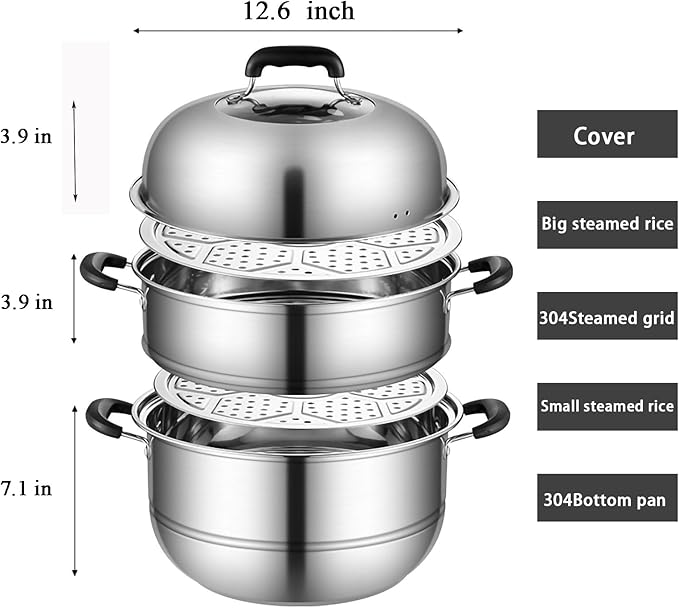 MANO Steamer Pot for Cooking 12.6 inch Steam Pots with Lid 2-tier Stainless Steel Steaming Pot Multipurpose Cookware with Handle for Vegetable, Dumpling, Stock, Sauce, Food…