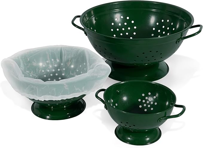 Metal Colander Set of 3, Strainer Basket with Handles perfect for Spaghetti, Pasta, Berry, Vegetable, Fruit, Solid Base Powder Coated Kitchen Essential Strainer Set, 1 & 3.5 & 5 Qt (Dark Green)