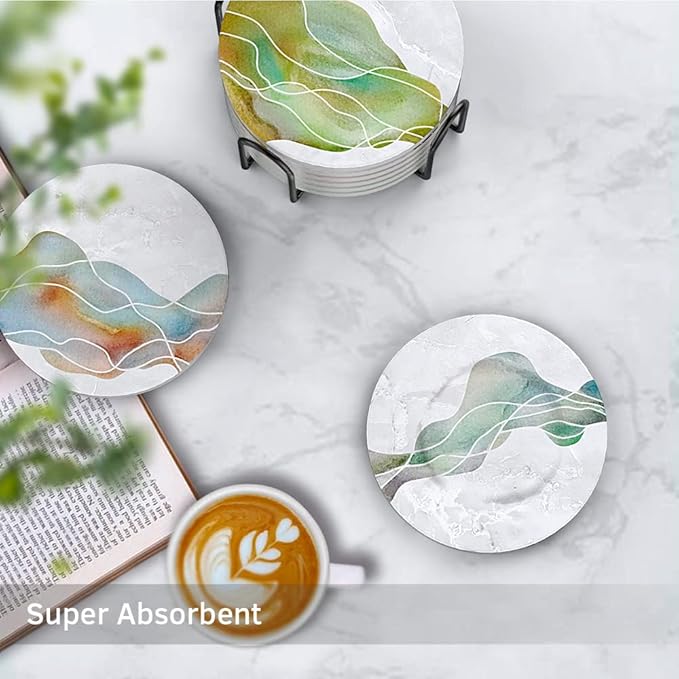 UMIRRO Ceramic Stone Coasters for Drinks Absorbent with Holder | Agate Style Coasters Set with White Marble Texture Background | Cool Cup Mat with Geode Pattern | Unique Fancy Tabletop Protection Mat
