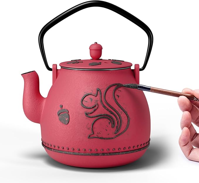 Toptier Teapot with Removable Infuser, Cast Iron Tea Kettle Stovetop Safe, Squirrel Design Tea Pot Coated with Enameled Interior for 32 Ounce (950 ml), Red