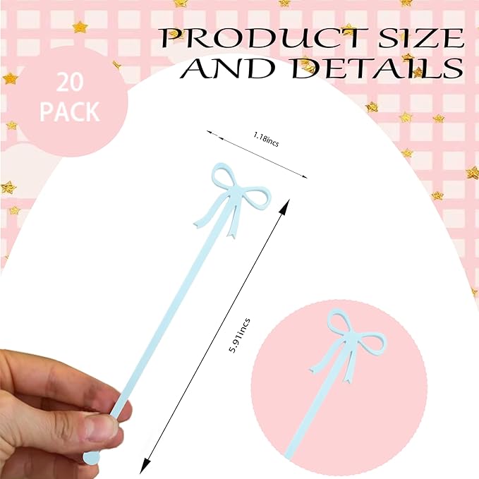 20 pcs Bow Drink Stirrers, Acrylic Drink Stirs for Blue Wedding Shower Decor, Coquette Birthday Cocktail Wedding Decorations Party Favors (Blue)