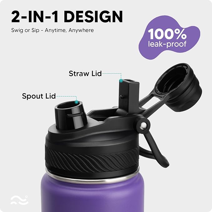 Swigina [2-IN-1 LID] Insulated Water Bottle with Silicone Boot (36hrs Cold/18hrs Hot) - DIY Stickers, Leakproof, BPA Free, 24 oz
