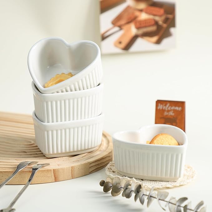 Sizikato Heart-Shaped Porcelain Souffle Dishes, Ramekins - 3.5 Inches for Souffle, Creme Brulee and Dipping Sauces - Set of 4
