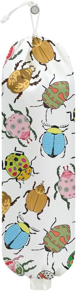 Insect Beetle Plastic Bag Holder, Wall Mount Grocery Bag Holder, Plastic Storage bag, Pull Rope Free Adjustment, Plastic Bag Holders for Grocery Bags, Plastic Bag Dispenser for Home Kitchen