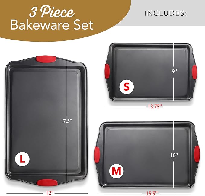 Baking Sheet Set, 3-Piece Cookie Sheet Set with Silicone Handles, Steel Baking Pans Set, Durable Baking Sheets for Oven, BPA Free Cookie Sheets for Baking Nonstick Set, Sheet Pan - Black Baking Pan