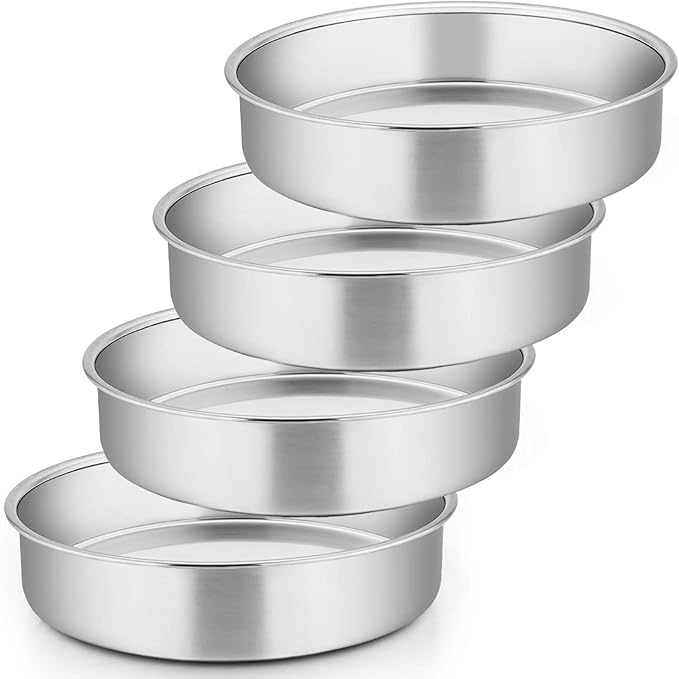 E-far 8 Inch Cake Pan Set of 4, Stainless Steel Round Layer Cake Baking Pans, Non-Toxic & Healthy, Mirror Finish & Dishwasher Safe