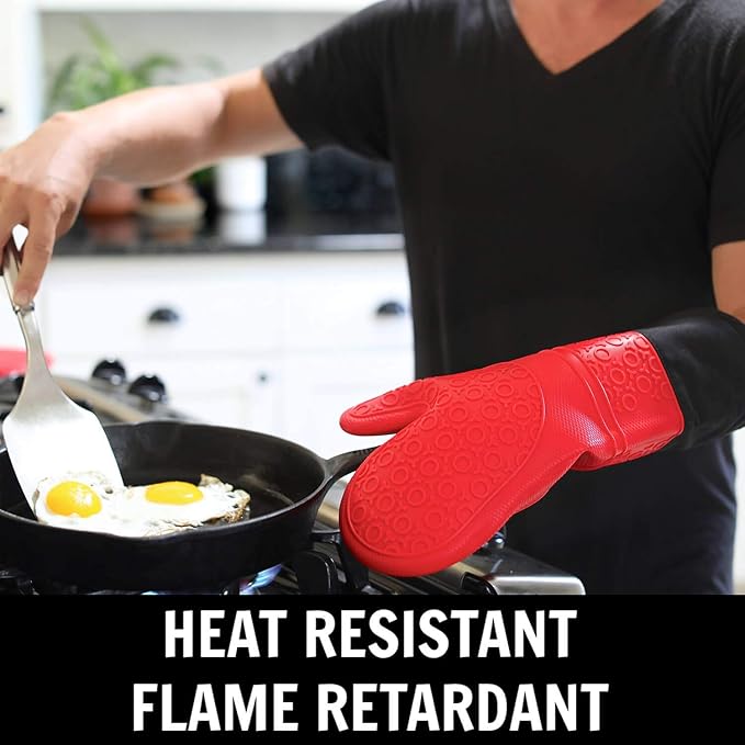 Homwe Silicone Oven Mitts and Potholders (4-Piece Sets) Heavy Duty Cooking Gloves, Kitchen Counter Safe Trivet Mats | Advanced Heat Resistant, Non-Slip Textured Grip Pot Holders(Red)