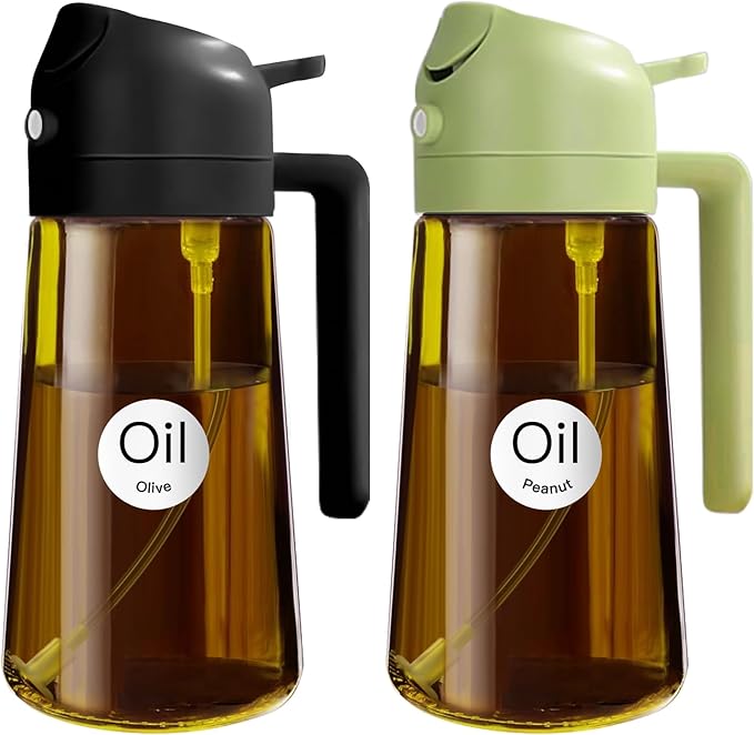 YARRAMATE 2PCS 16oz/470ml Oil Sprayer for Cooking with Stickers, Food-Grade 2 in 1 Olive Oil Dispenser Bottle for Kitchen, Premium Dark AmberGlass Oil Bottle for Air Fryer, BBQ (Black & Green)