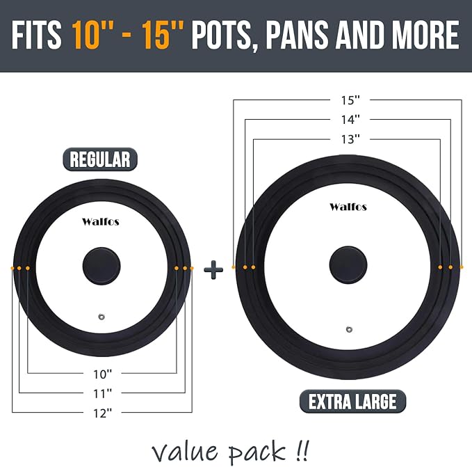 Walfos 2 Pcs Universal Pot Lids, Frying Pan Lid with Heat Resistant Silicone Rim, Fits All 10", 11", 12" to 13", 14", 15" Diameter Cookware, Pots, Pans and Skillets, BPA Free and Dishwasher Safe