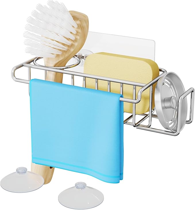 HapiRm 4 in 1 Sink Caddy Sponge Holder, SUS304 Stainless Steel Kitchen Brush Holder + Dish Cloth Hanger + Soap Rack + Sink Stopper Rack + Sponge Caddy for Kitchen - Silver