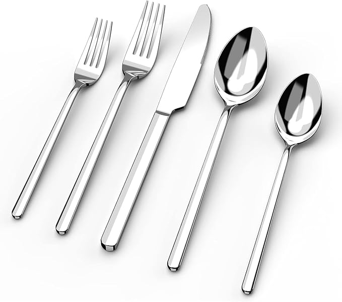 KINGSTONE Silverware Set, 5 Piece Flatware Cutlery Set for 1, 18/10 Stainless Steel Silverware Mirror Polished Dishwasher Safe for Home, Restaurant, Wedding, Party(Silver, 5 pieces for 1)