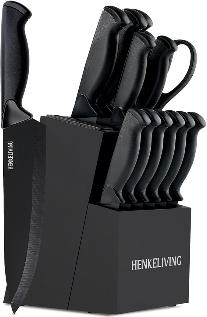 Knife Set, 14-Piece Kitchen Knives Set with Block, Built-in Sharpener, German High Carbon Stainless Steel, Ergonomic Non-Slip Handles, Black