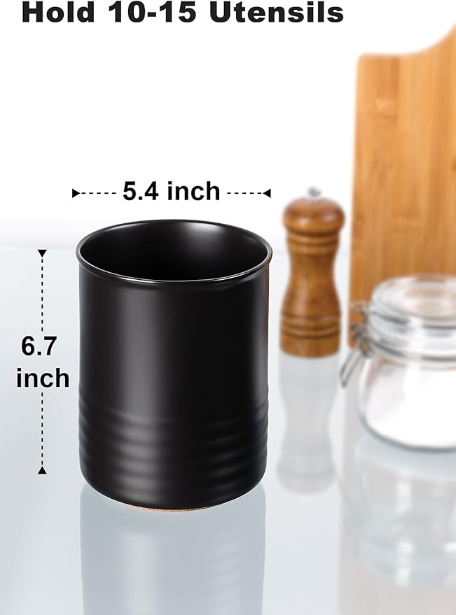 Utensil Holder, 6.7" Ceramic Kitchen Utensil Crock for Countertop Cooking, Modern Utensil Caddy Jar Organizer for Farmhouse Kitchen Counter Décor, Matte Black