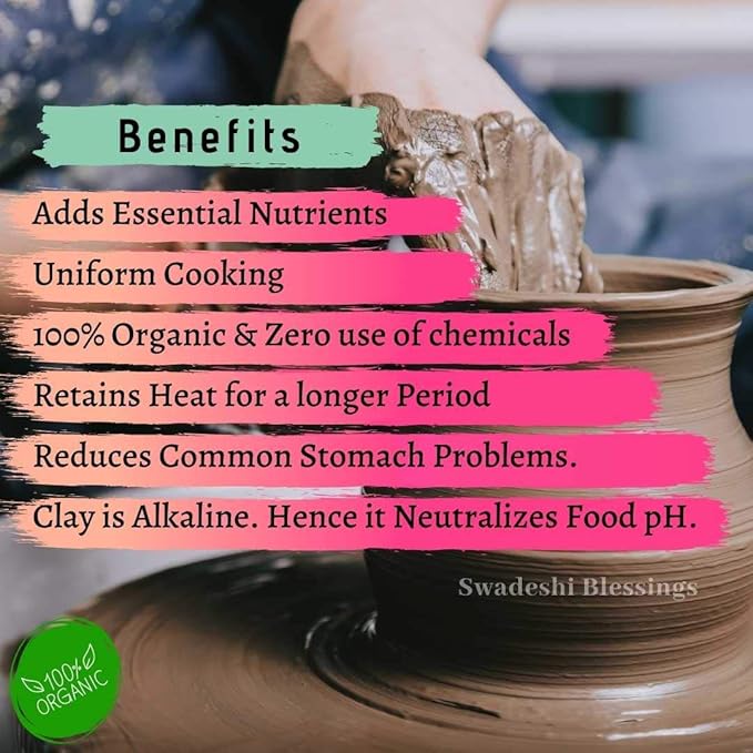 Swadeshi Blessings HandMade Exclusive Range Unglazed Clay Handi/Earthen Kadai/Clay Pot For Cooking & Serving with Lid, 2.8Liters (With Natural White Firing Shade & Mirror Shine) (Black)