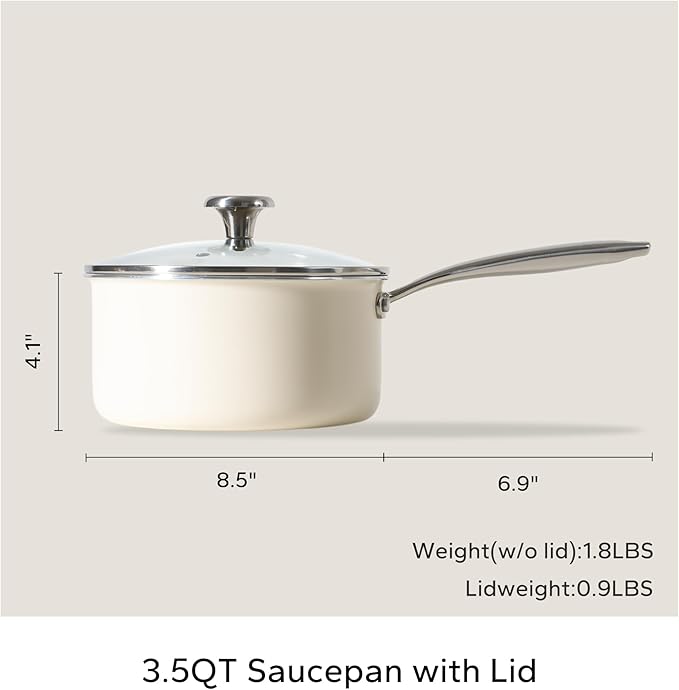 Redchef Nonstick Ceramic Sauce Pan With Lid, 3.5QT Small Cooking Pot with Stay-Cool Handle, Kitchen Non Toxic Soup Pot, PTFE & PFOA Free, Oven & Dishwasher Safe, Compatible with All Stovetops-Beige