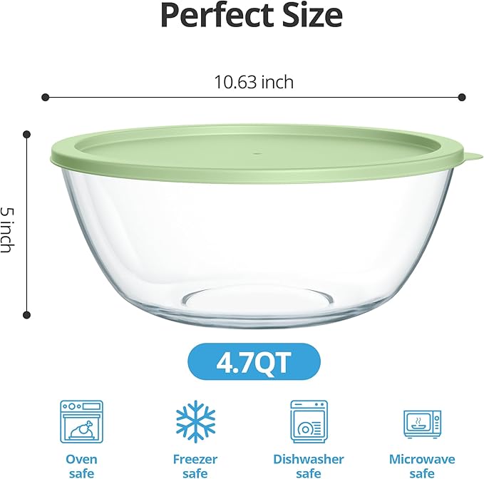 Extra Large Glass Mixing Bowls Clear Glass Salad Cooking Bowls for Kitchen Salad Bread Storage (4.7Qt)
