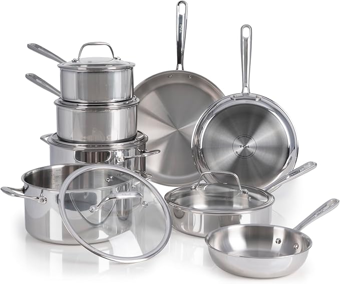 T-fal Pro Tri-Ply Stainless Steel Cookware Set 13 Piece Induction Compatible, Oven Safe 500F, Lids 350F, Fast & Even Heat, Pots and Pans Set, Professional Quality, Kitchen Essentials, Silver