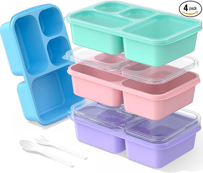 Bento Lunch Box - 4 Pack, Snack Box Containers Meal Prep Container Microwave Safe, Lunch Box of 4-Compartment, Bento Box Adult Lunch Box, Dishwasher Safety (PP(B/P/G/P))