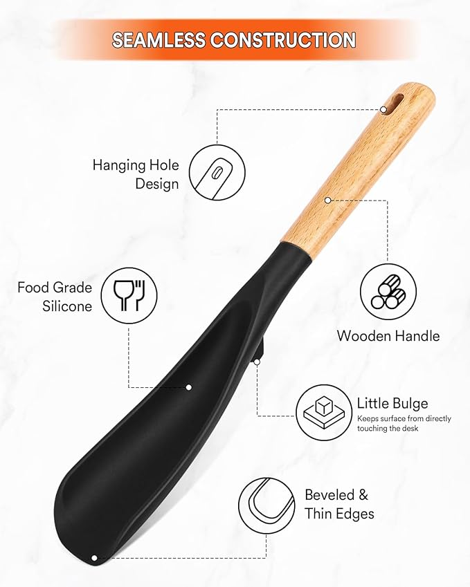 Cooking Spoon for Nonstick Cookwares, Great for Cooking and Serving Sturdy BPA-Free Matte Silicone, Wood Handle Spoon for Mixing, Scoop, and Scrape (2 Pack of Black, 11.4 inch)