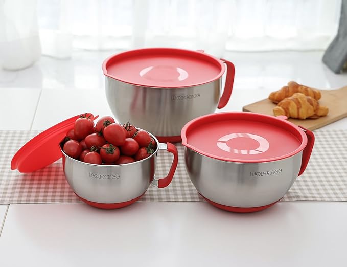 Rorence Mixing Bowls with Lids Set: Stainless Steel Mixing Bowls with Handles, Non-Slip Bottom & Pour Spout - Red, 3 quarts