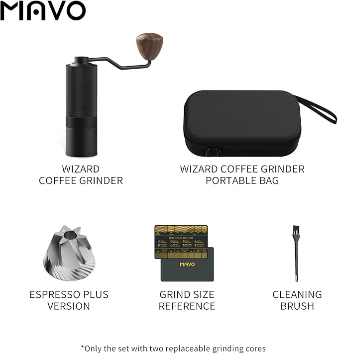 MAVO Manual Coffee Grinder, Wizard Hand Coffee Grinder, Capacity 25g with CNC Stainless Steel Hexagonal Conical Burr, Adjustable Setting, Burr Coffee Bean Grinder for French Press, Pour Over, Black