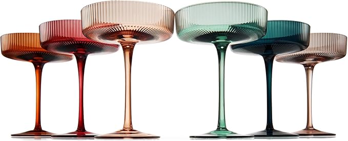 Colored Vintage Art Deco Coupe Glasses - Martini, Cocktail & Champagne Ribbed Glasses 7oz | Set of 6 | Cute Pastel Muted Crystal Cocktail Glassware, Goblet Cocktails, Stemmed Ripple Glassware Gift Box
