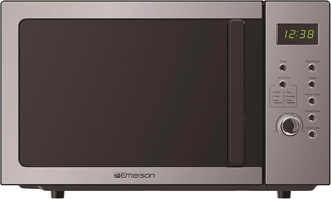 Emerson MW9005SS Compact Countertop Microwave Oven with Push Button Control, LED Display, 900W, 5 Power Levels, 6 Auto Menus, Glass Turntable and Child Safe Lock, 0.9 Cu. Ft., Stainless Steel
