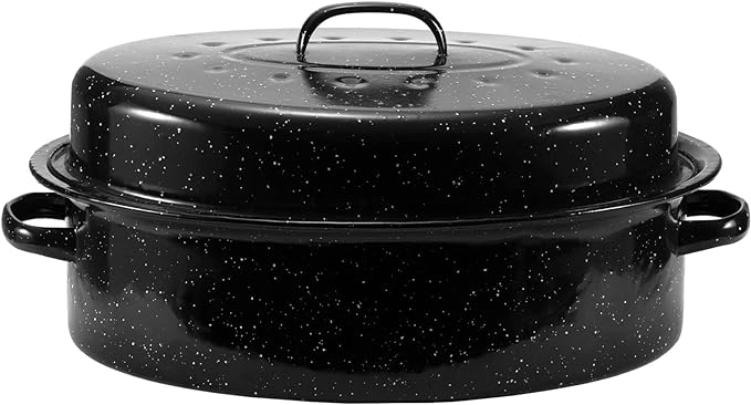 JY COOKMENT Granite Roaster Pan, 18' Enameled Roasting Pan with Domed Lid. Oval Turkey Roaster, Great for Chicken, Lamb, Vegetable. Dishwasher Safe Cookware Fit for 18Lb Turkey