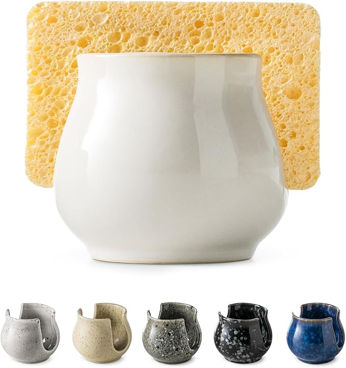 Sponge Holder for Kitchen Sink Counter, Ceramic Dish Sponge Caddy White Sink Organizer Dish Rack Farmhouse Brush Holder for Bathroom, Kitchen, White