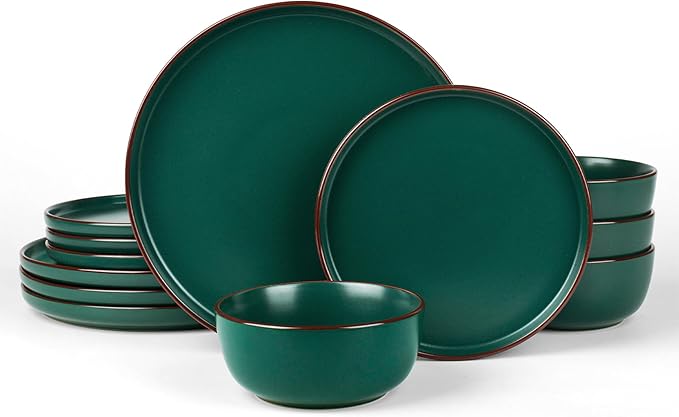 Famiware Mercury Plates and Bowls Sets, 12 Pieces Stoneware Dinnerware Sets, Dishes Set for 4, Microwave and Dishwasher Safe, Dark Green
