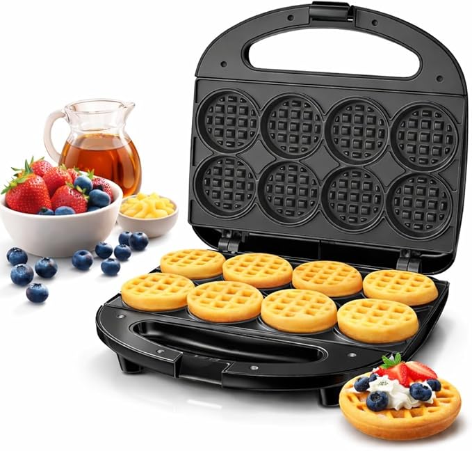OSTBA Mini Waffle Maker: 750W Powerful Heating, Cooks 8 Waffles at Once, Fast & Even Cooking, Non-Stick & Easy Clean, Compact & Portable for Family Breakfast