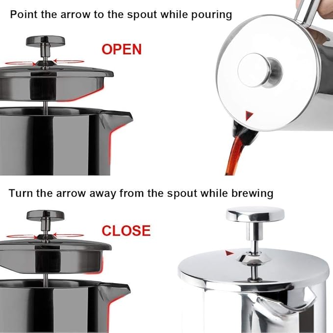 Secura French Press Coffee Maker, 304 Grade Stainless Steel Insulated Coffee Press with 2 Extra Screens, 34oz (1 Litre), Silver