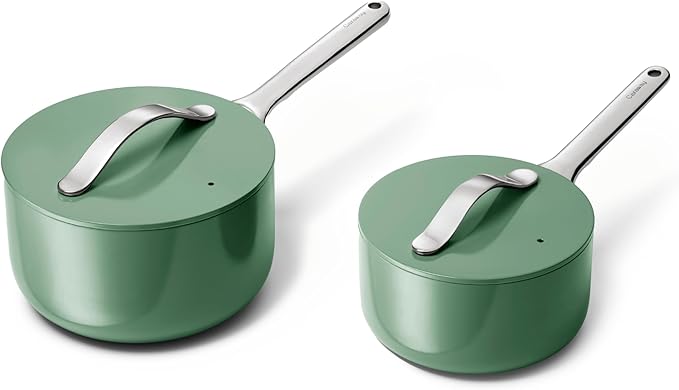 Caraway Nonstick Ceramic Sauce Pans with Lids (3 qt & 1.75 qt) - Non Toxic, PTFE & PFOA Free - Oven Safe & Compatible with All Stovetops (Gas, Electric & Induction) - Sage