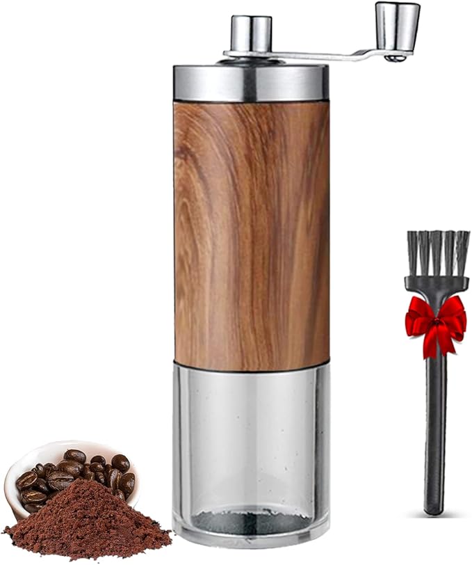 Manual Coffee Grinder, Coffee Bean Grinder with Adjustable Settings, Stainless Steel Hand Coffee Mill, Coffee Grinder Manual for Camping Home and Office (Metallic Wood)