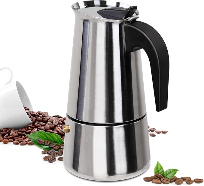 2 Cup Moka Pot Stainless Steel 100ml Italian Espresso Coffee Maker Stovetop Coffee Makers Mocha Pot Percolator Greca Coffee Maker for Induction Stove Portable for Easy Brewing Straight