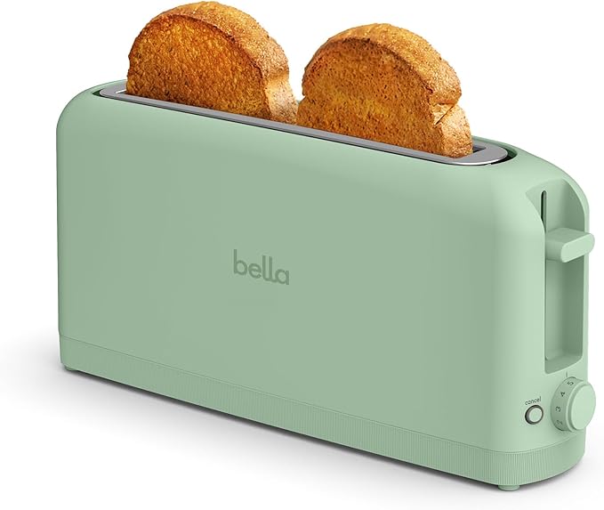 bella 2 Slice Slim Toaster, Fits-anywhere™ Kitchenware, 6 Setting Shade Control with Reheat & Cancel Buttons, Fits Sourdough, 10” Long Slot, Anti Jam & Auto Shutoff, 900 Watt, Seaglass
