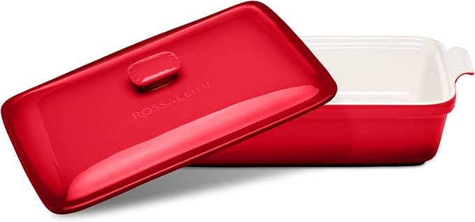 ROSSALLINI Stoneware Casserole Dish Bakeware Set with Lid, Covered Rectangular Dinnerware, Extra Large 4.23 Quart, 13 by 9 Inch, Deep Red