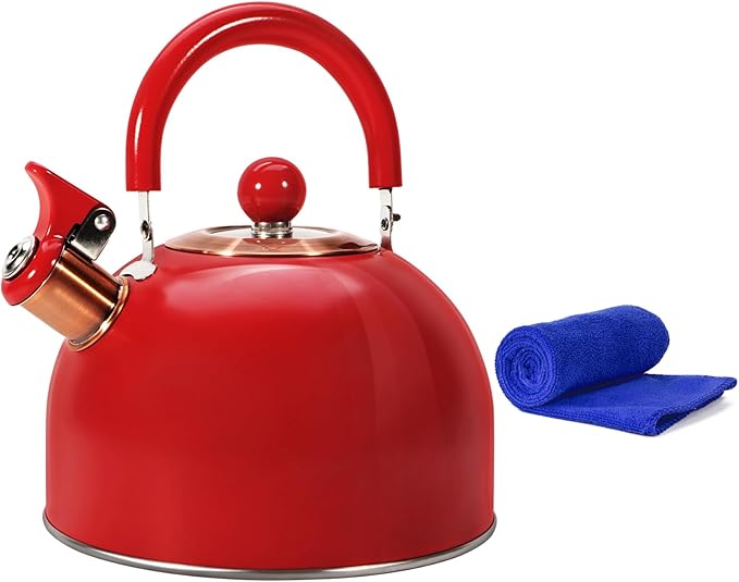 Tea Kettle,Whistling Tea Kettle Stovetop 2.6 Quart, Tea Pots for Stove Top Food Grade Stainless Steel,Wood Pattern Handle,Christmas Gift(Red),With Anti Scald Towel