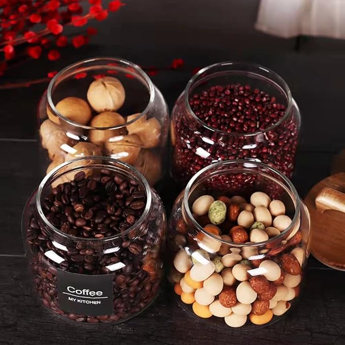 SAIOOL Glass Jars with Airtight Lid [Set of 4],Kitchen Canisters, Borosilicate Storage Containers,Retro Design, jars for Candy,Cookie,Rice,Sugar,Flour, Flour,Pasta,Nuts and Spice Jars