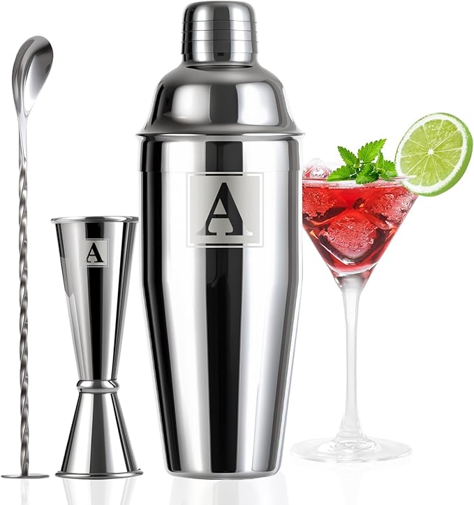 24oz Cocktail Shaker Set with 1 oz 2oz Jigger - Monogramm Initials Martini Shaker Set - 304 Stainless Steel Bar Shaker for Margarita,Mojito-Personalized Gift for Friend,Husband-A