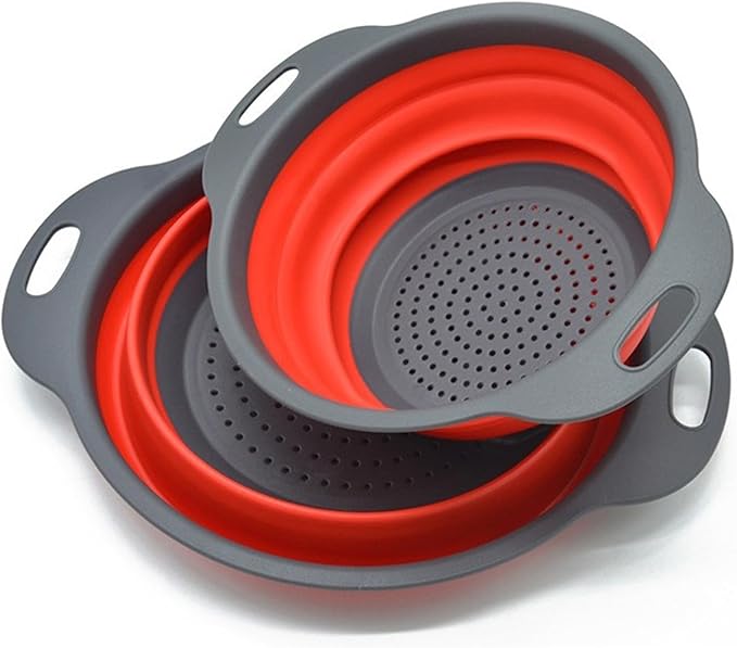 Collapsible Colander, Set of 2 Pcs Collapsible Strainer, Space-Saving Kitchen, Food-Grade Silicone Folding Strainer Colander with Handle, Red