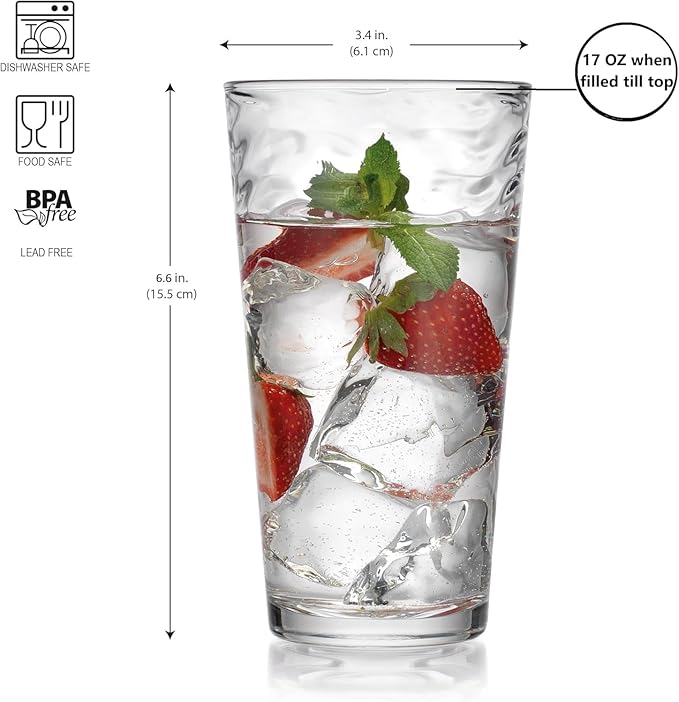 Glaver's Drinking Glasses Set of 4 Highball Glass Cups, 17 Oz. Basic Cooler Glassware, ideal for Water, Juice, Cocktails, Iced Tea and more. Dishwasher Safe.