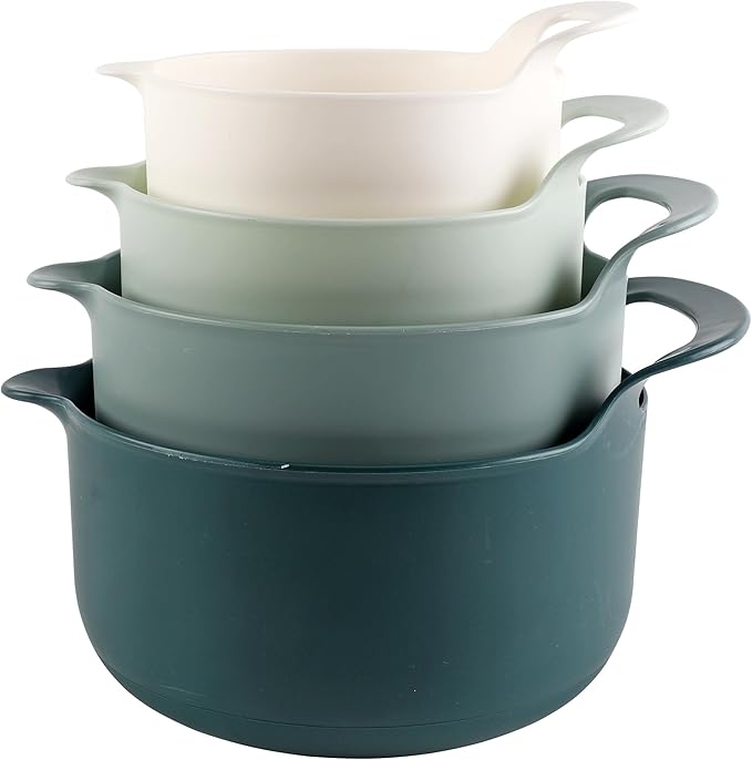 COOK WITH COLOR Nesting Plastic Mixing Bowl Set with Pour Spouts and Handles, Green, 4 Piece Non-Slip