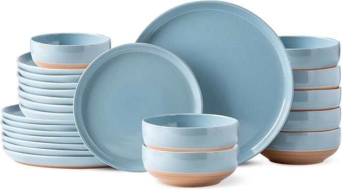 AmorArc Ceramic Dinnerware Sets for 8, 24 Pieces Handpainted Plates and Bowls Set with Rustic Terracotta Underside, Scratch Resistant Stoneware Dishes Set, Dishwasher & Microwave Safe, Stone Blue