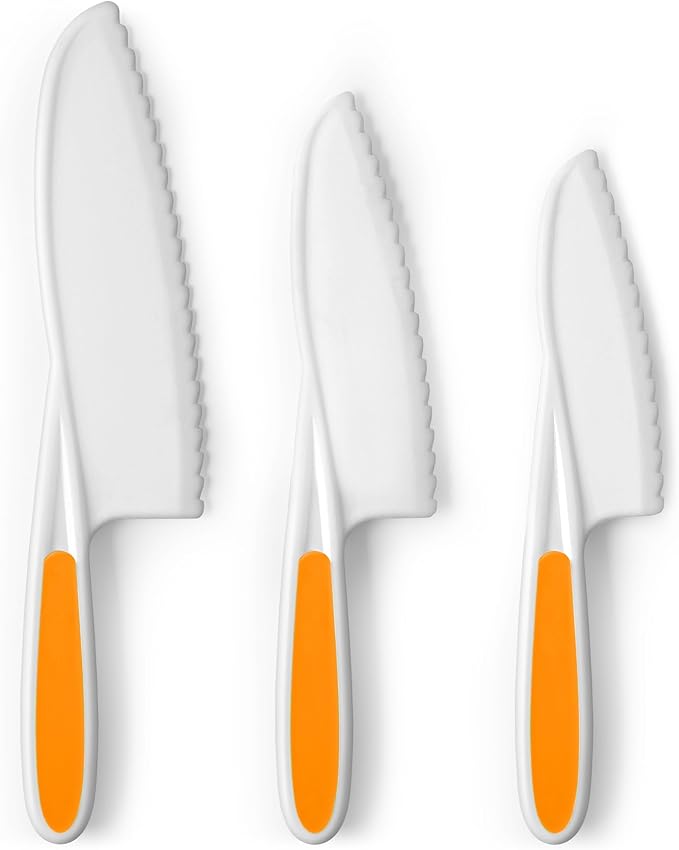 Zulay 3-Piece Kids Knife Set for Real Cooking & Baking - Toddler Knives for Cutting Fruits, Veggies, & Cake - Children’s Montessori Knife with Serrated Edges - Safe & Fun Lettuce Knife (Orange)