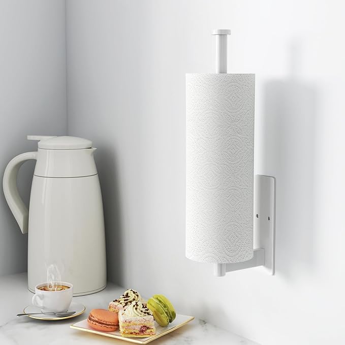 Paper Towel Holder Under Cabinet - Stainless Steel Paper Towel Holder Wall Mount, Self-Adhesive or Drilling, Matte White Towel Rack for Kitchen Organization and Storage, Kitchen Paper Roll Holder