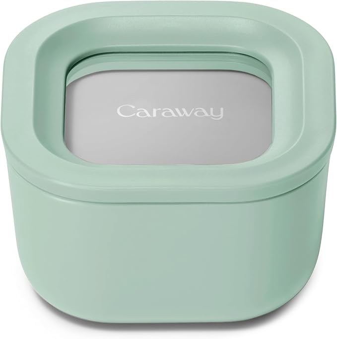 Caraway Mini Square Food Storage Container - 1.75 Cup Glass Storage Container for Food - Non-Toxic Ceramic-Coated Glass - Air Release Technology - Compact & Stackable Design - Mist